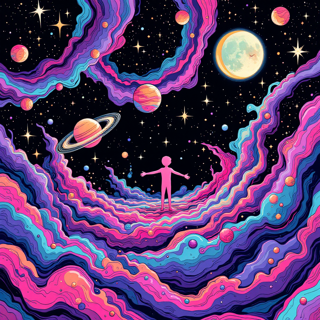 A vibrant cosmic scene features swirling clouds of pink and purple, with planets and a bright moon. A silhouetted figure stands with arms outstretched, symbolizing our shared humanity in the universe.