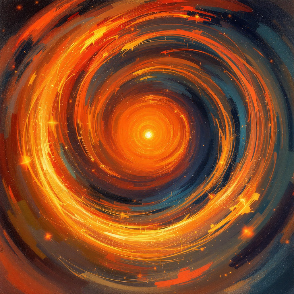 A swirling vortex of warm orange and golden hues, evoking a sense of deep energy and balance, reflecting the delicate care needed at the beginning of a journey.