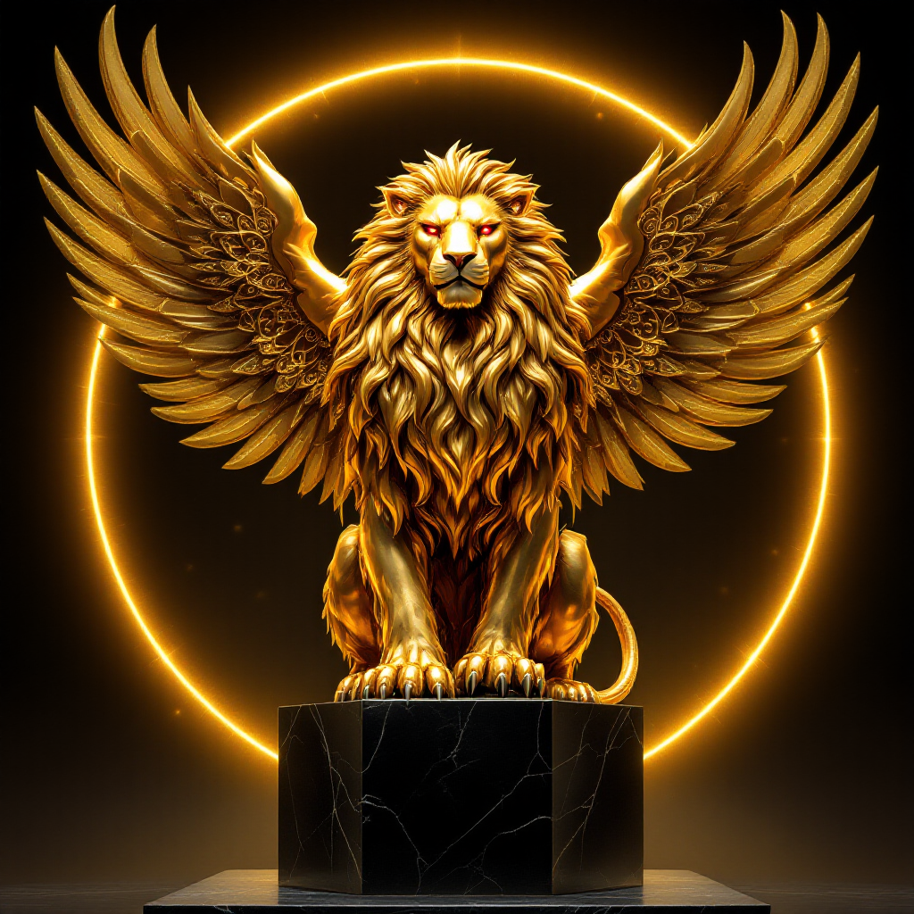 A majestic golden lion with large wings sits atop a dark pedestal, illuminated by a radiant circular halo, symbolizing strength and the power of choice.