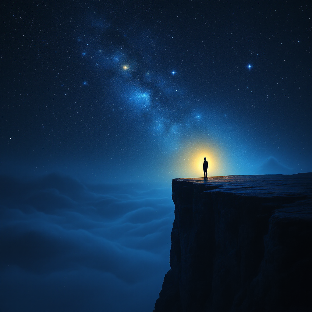 A lone figure stands on a cliff, illuminated by a soft glow, gazing at a vast starry sky, embodying the quote about the universe's indifference and the importance of human connection.