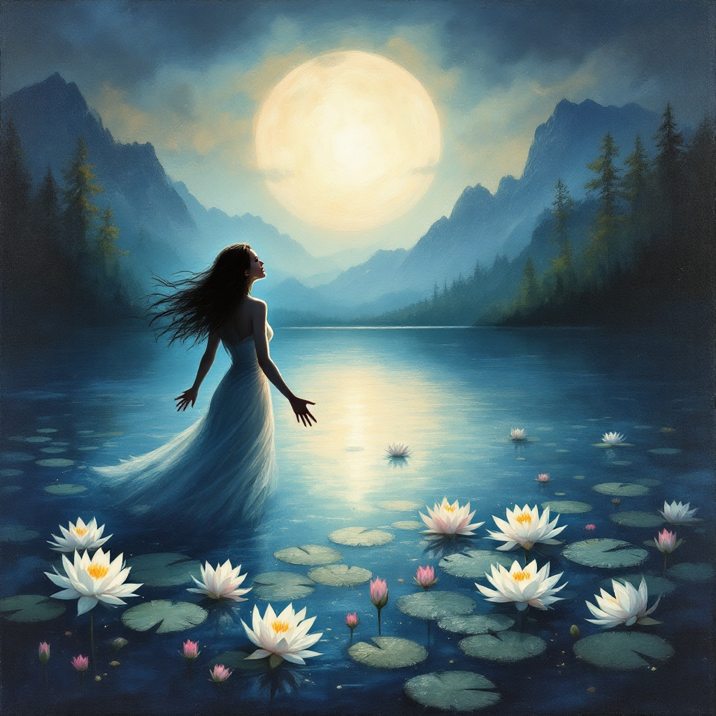 A serene scene features a woman in a flowing dress standing by a moonlit lake, surrounded by blooming water lilies, embodying the internal battles we face as expressed in the quote.