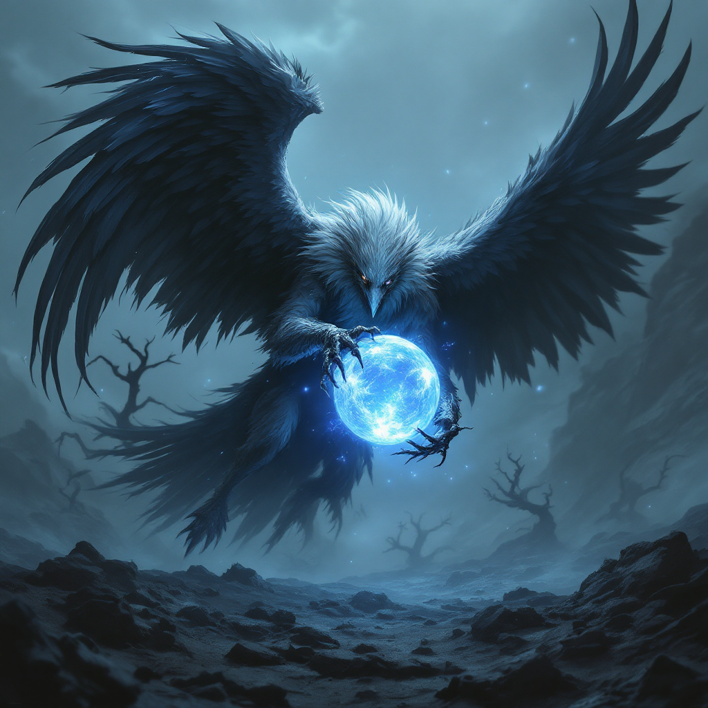 A majestic, dark feathered eagle with large wings spreads wide, grasping a glowing blue orb against a dramatic, misty landscape, embodying the concept of Adapt or die.