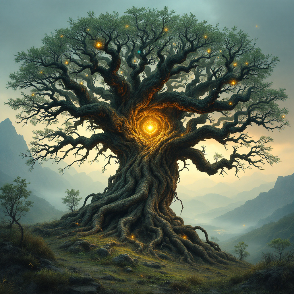 A majestic, ancient tree stands on a mountainside, its twisted branches reaching outwards. A warm, glowing light emanates from its trunk, symbolizing deep truths waiting to be revealed.