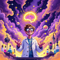 A joyful scientist in a lab coat stands amidst colorful chemical apparatus, with a glowing brain above, symbolizing the blend of knowledge and understanding in science.