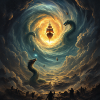 A mystical scene depicts a ship sailing through swirling clouds, with serpentine creatures emerging around it, symbolizing an ancient conflict against powerful hydrogues from gas giants.