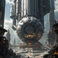 A massive automatic blast cannon towers over a futuristic landscape, surrounded by advanced drones and structures, embodying the vision of powerful space defense technology.