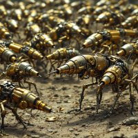 A swarm of segmented, metallic creatures resembling weasels, featuring six legs and numerous weapon barrels, move across a textured, earthy surface.