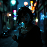 A woman stands in a dimly lit alley, her intense gaze and clenched fist embodying resilience and awakening in the face of fear, surrounded by vibrant, glowing neon lights.