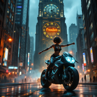 A confident figure on a sleek motorcycle poses in a bustling city street, with a glowing clock tower in the background displaying the word Freedom, embodying the spirit of seizing liberty.