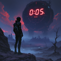 A lone figure stands on a desolate landscape, gazing up at a massive countdown timer reading 00:05, evoking the urgency of survival and the peril of mistakes.