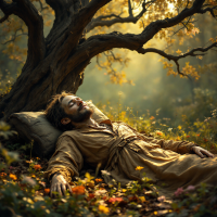 A serene figure lies resting under a twisted tree, surrounded by vibrant autumn foliage, embodying the quote When you give up, you die through a tranquil yet poignant scene.