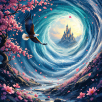 A swirling vortex of vibrant blues and greens leads to a golden castle, framed by pink blossoms and an eagle soaring through the chaos, embodying beauty amid contradictions.