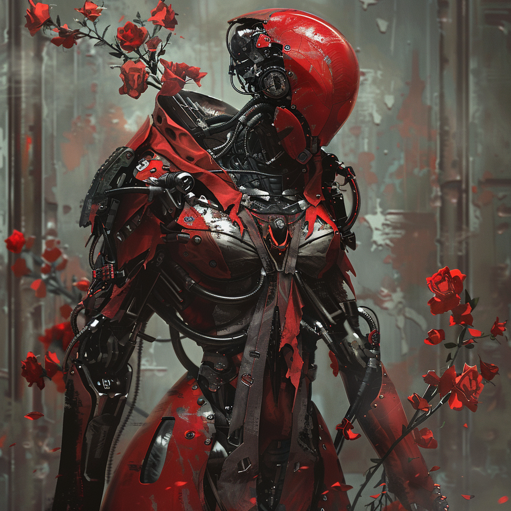 A female-like figure in futuristic red armor surrounded by floating rose petals, suggesting a reintegration of her combat form into a more human appearance.