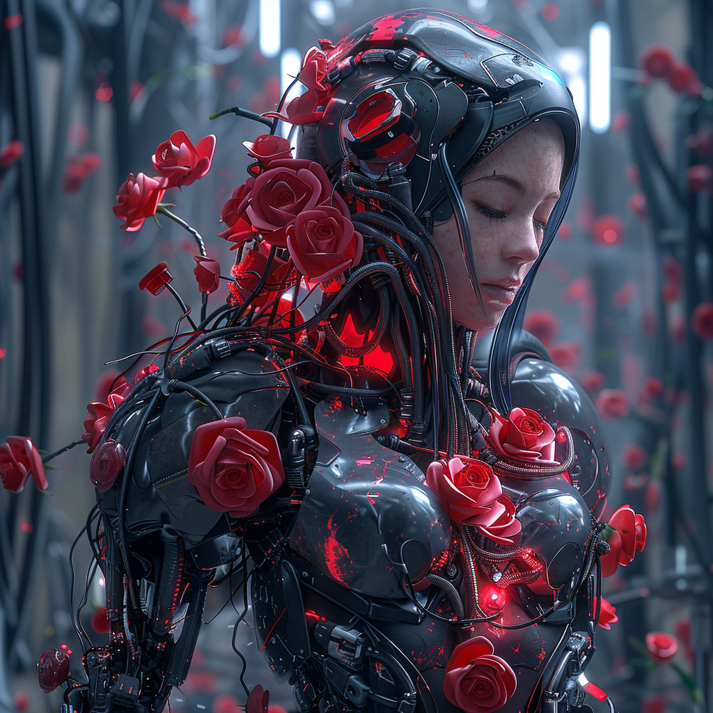 A woman with cybernetic armor integrated with red roses stands amidst wires, her expression serene and contemplative.