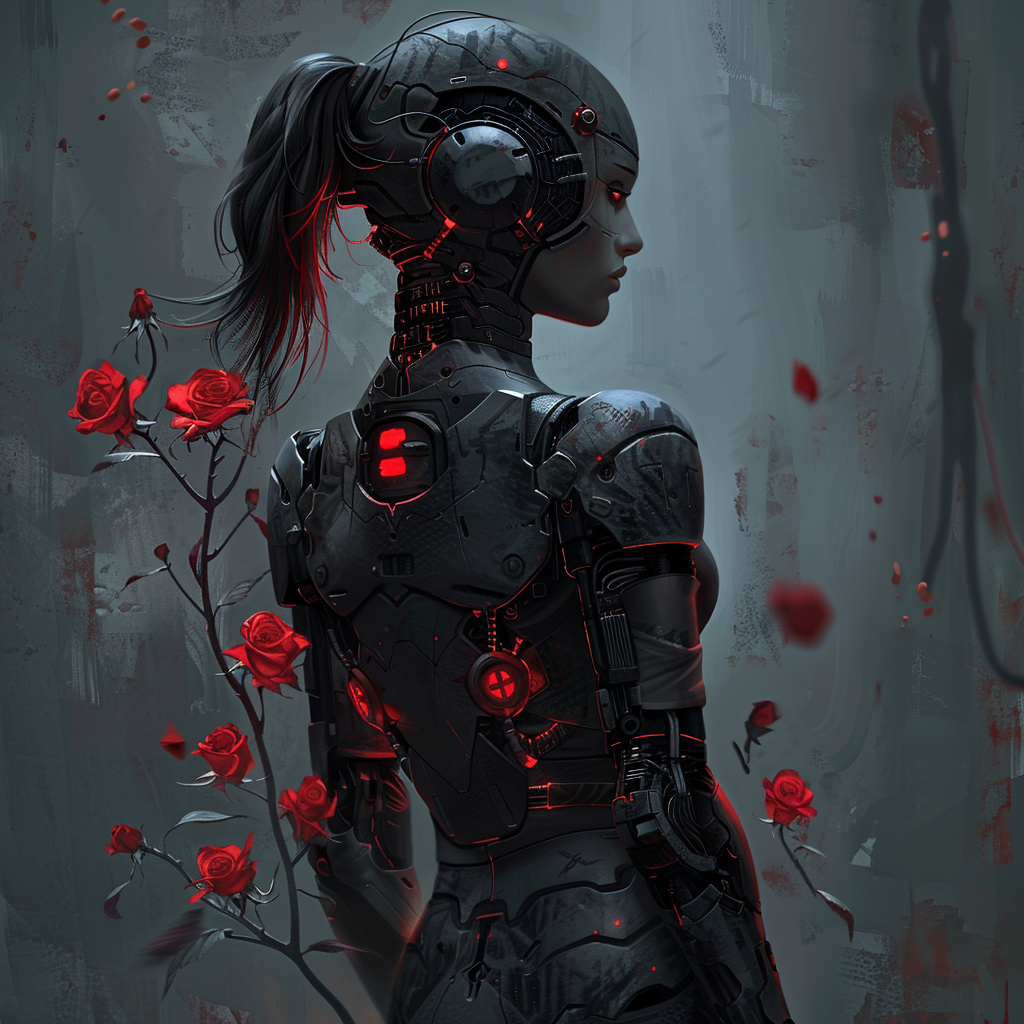 An image of Red, a female cyborg surrounded by red roses, with her armor and clothing appearing seamlessly integrated with her mechanical body.