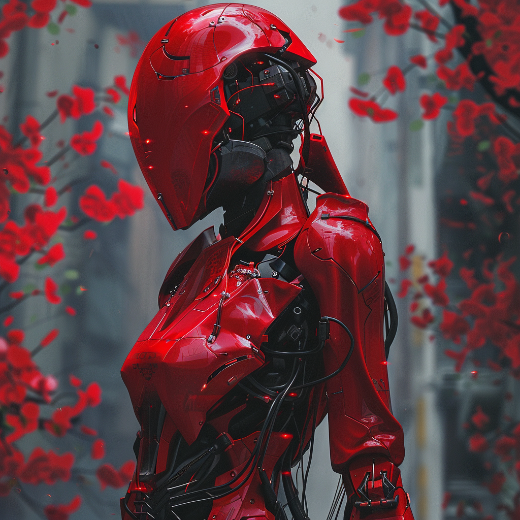 A figure in sleek red armor stands amidst falling petals, with the armor blending seamlessly into human-like form, evoking the imagery of roses folding at dusk.