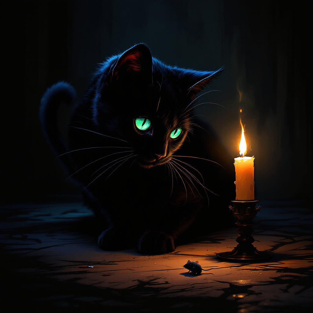 A black cat with glowing green eyes sits beside a flickering candle, watching a small mouse on the floor, embodying the complex nature of good and evil as reflected in the quote.