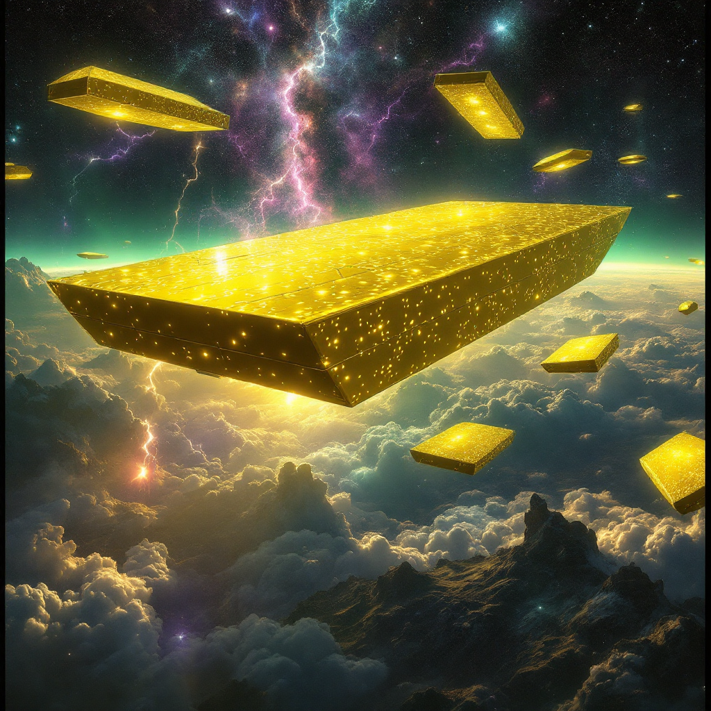 A massive, glowing yellow slab hovers above a cloud-covered planet, surrounded by smaller yellow shapes, set against a dramatic cosmic backdrop of swirling clouds and lightning.