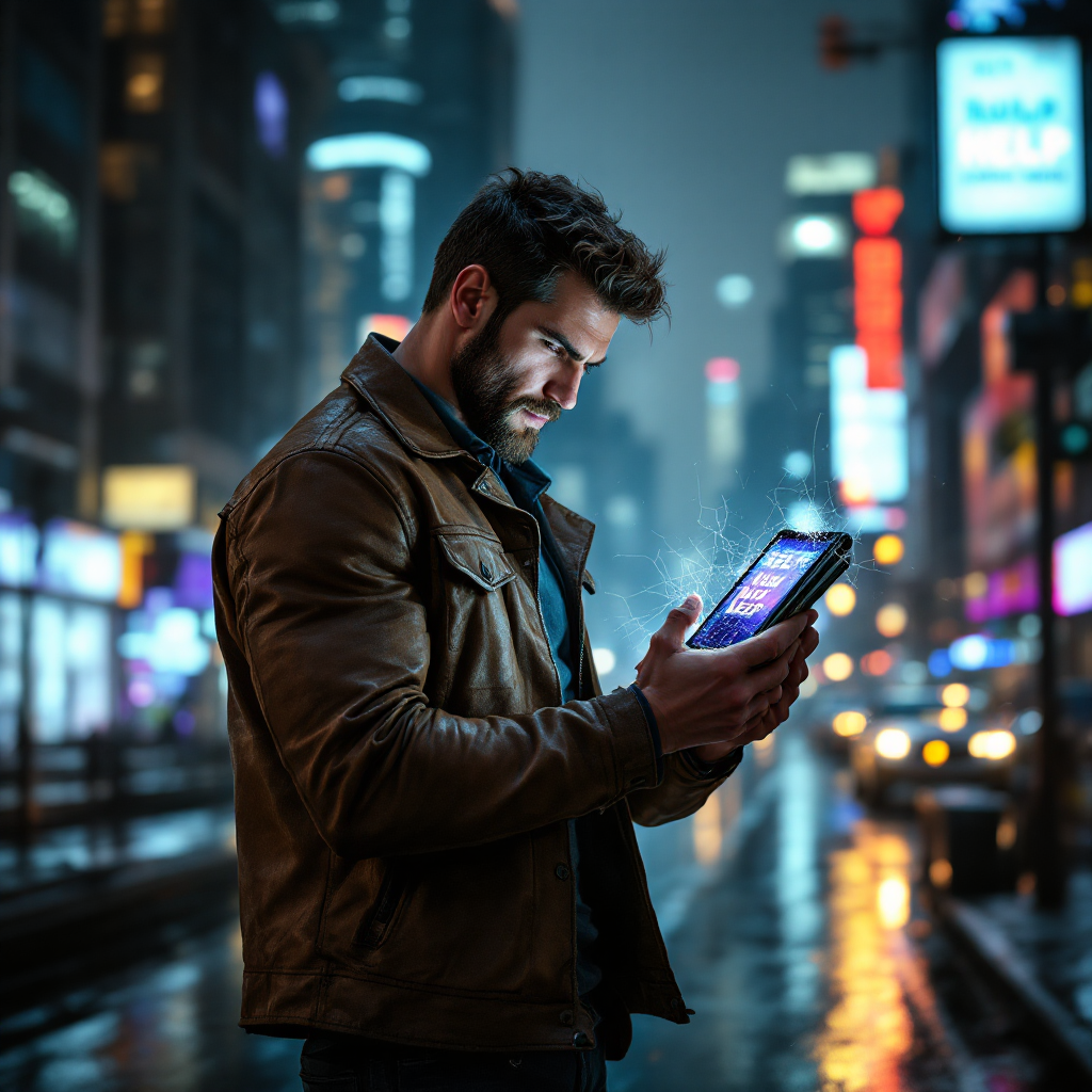 A man in a leather jacket stands thoughtfully in a neon-lit city, holding a device, embodying the pursuit of understanding and the strength to change.