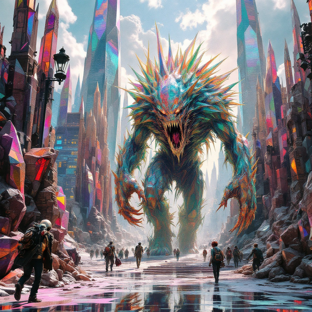 A towering, fearsome creature with vivid, spiky features looms over a cityscape of jagged crystal-like structures, embodying the quote about human places creating inhuman monsters.