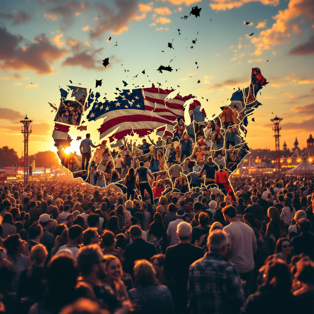 A diverse crowd stands beneath a sunset, intertwined with a fragmented map of the U.S. adorned with the American flag, symbolizing unity and the potential of collaboration in America.