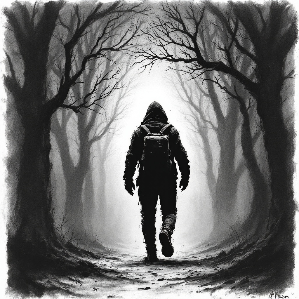 A figure in a dark hoodie walks along a misty, tree-lined path, symbolizing the struggle of facing one's past as it looms in the shadows.