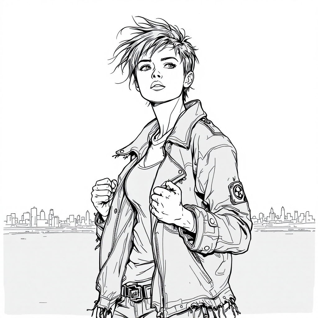 A confident character with short, tousled hair stands proudly in a jacket, hands clenched, embodying strength and determination against a city skyline.