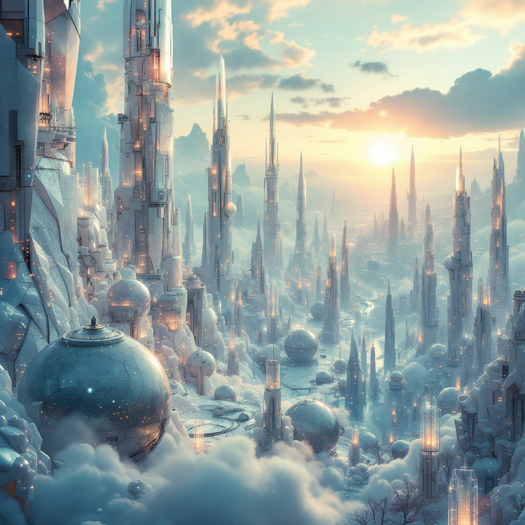 A stunning futuristic landscape, with towering spires and glimmering spheres, bathed in the warm light of a rising sun amidst fluffy clouds, embodying the essence of awakening.