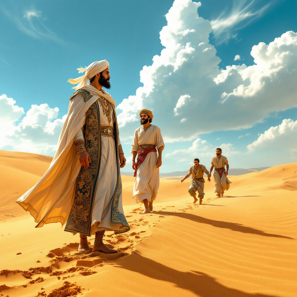 A group of four men walks through a vast desert under a bright sky. One leads confidently, embodying the quote about leaders, followers, and those who lack wisdom.