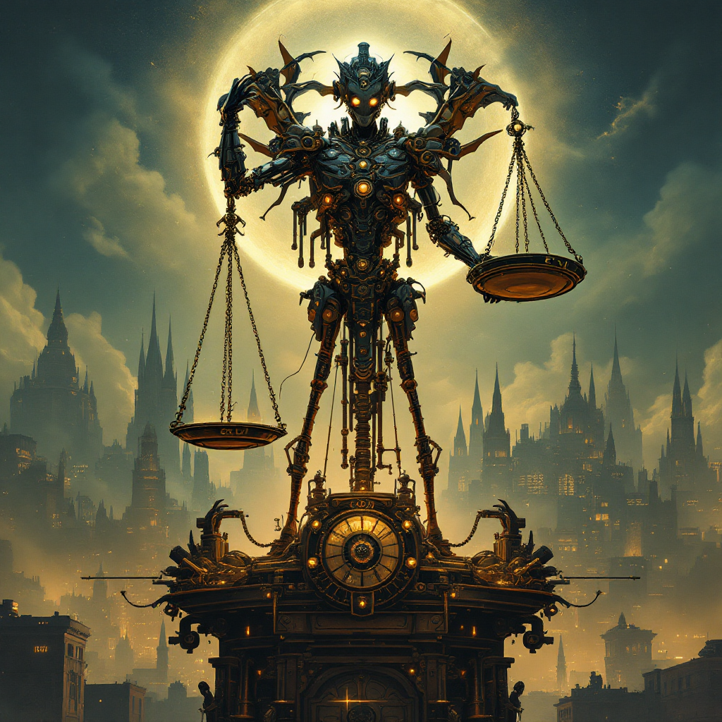 A towering, robotic figure holding scales of justice stands against a dramatic skyline, symbolizing the quote about justice as a perpetual will to render everyone their due.