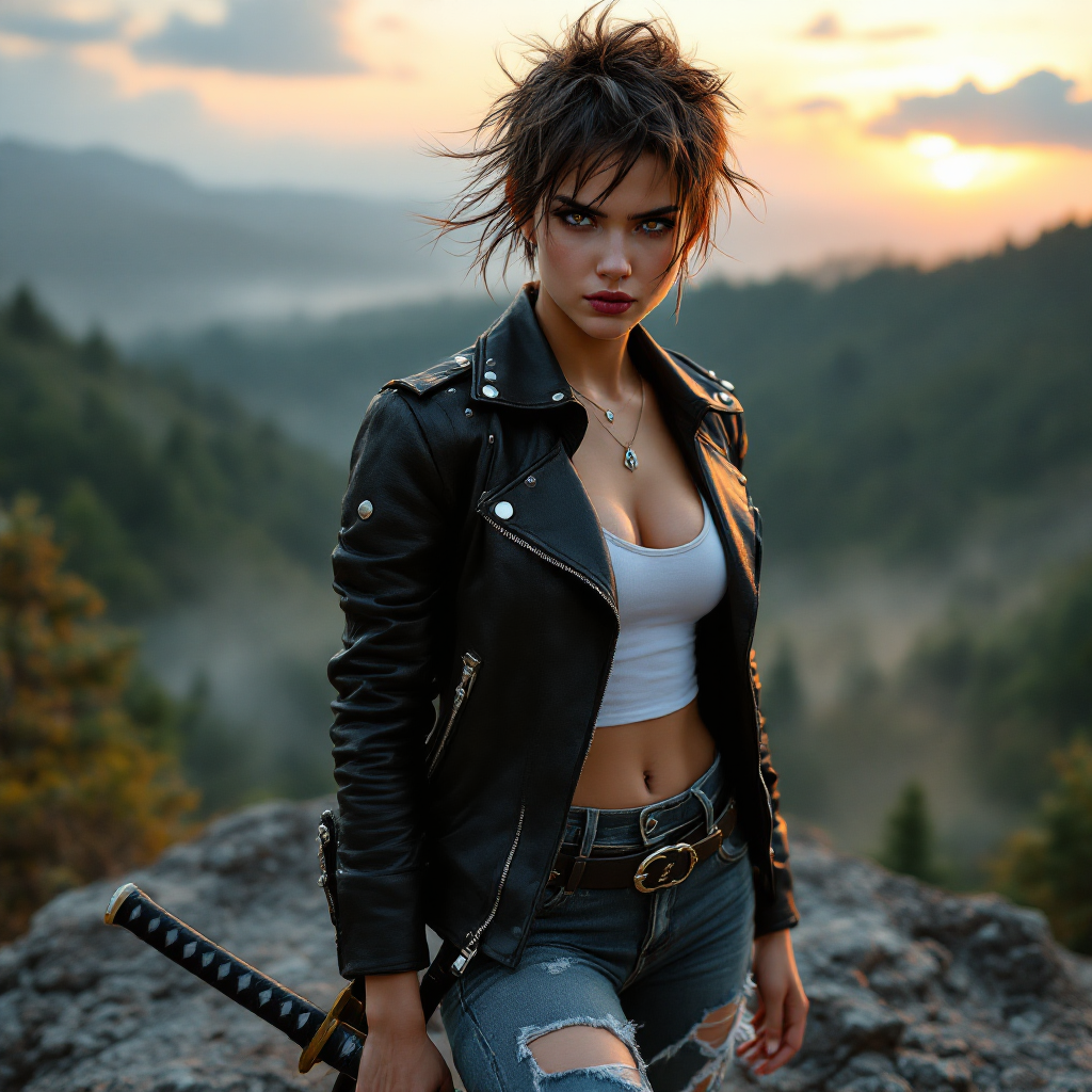 A fierce young woman stands confidently on a rocky ledge at sunset, wearing a leather jacket and holding a sword, embodying the spirit of forging her own path.