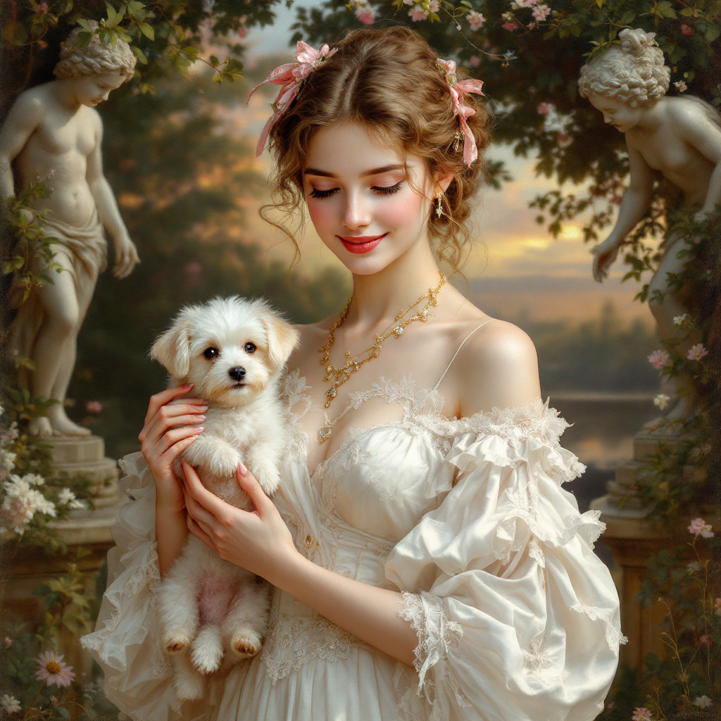 A young woman in a flowing white gown gently holds a fluffy puppy, surrounded by blooming flowers and classical statues, embodying trust and connection amidst a serene landscape.