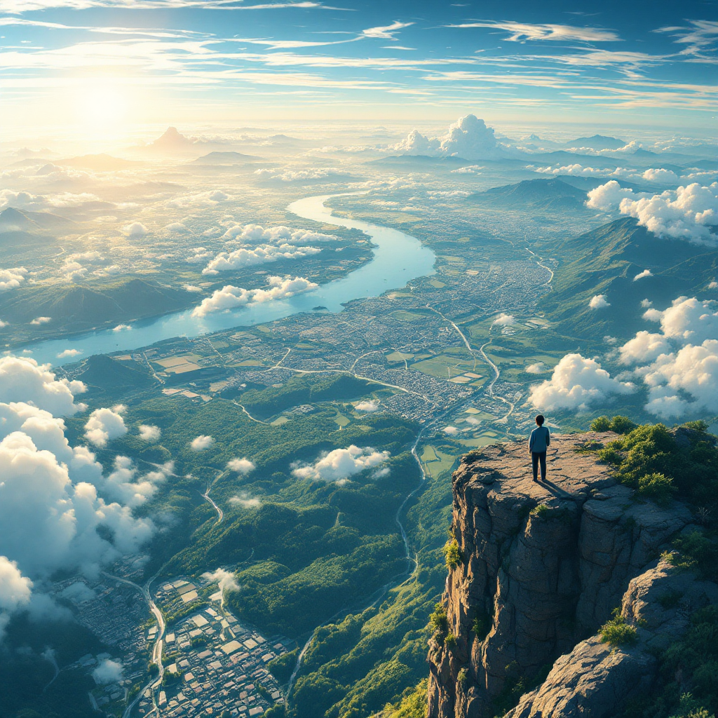 A lone figure stands atop a rocky cliff, gazing over a vast, sunlit landscape of mountains, rivers, and clouds, embodying the quote about learning to live in the expansive earth.