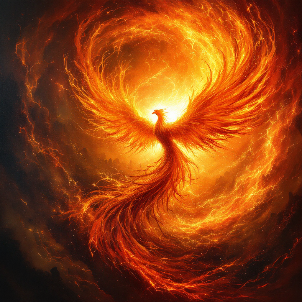 A majestic phoenix rises from swirling flames, embodying themes of hope and redemption amidst darkness, as described in the quote about evils and stories intertwined in reality.