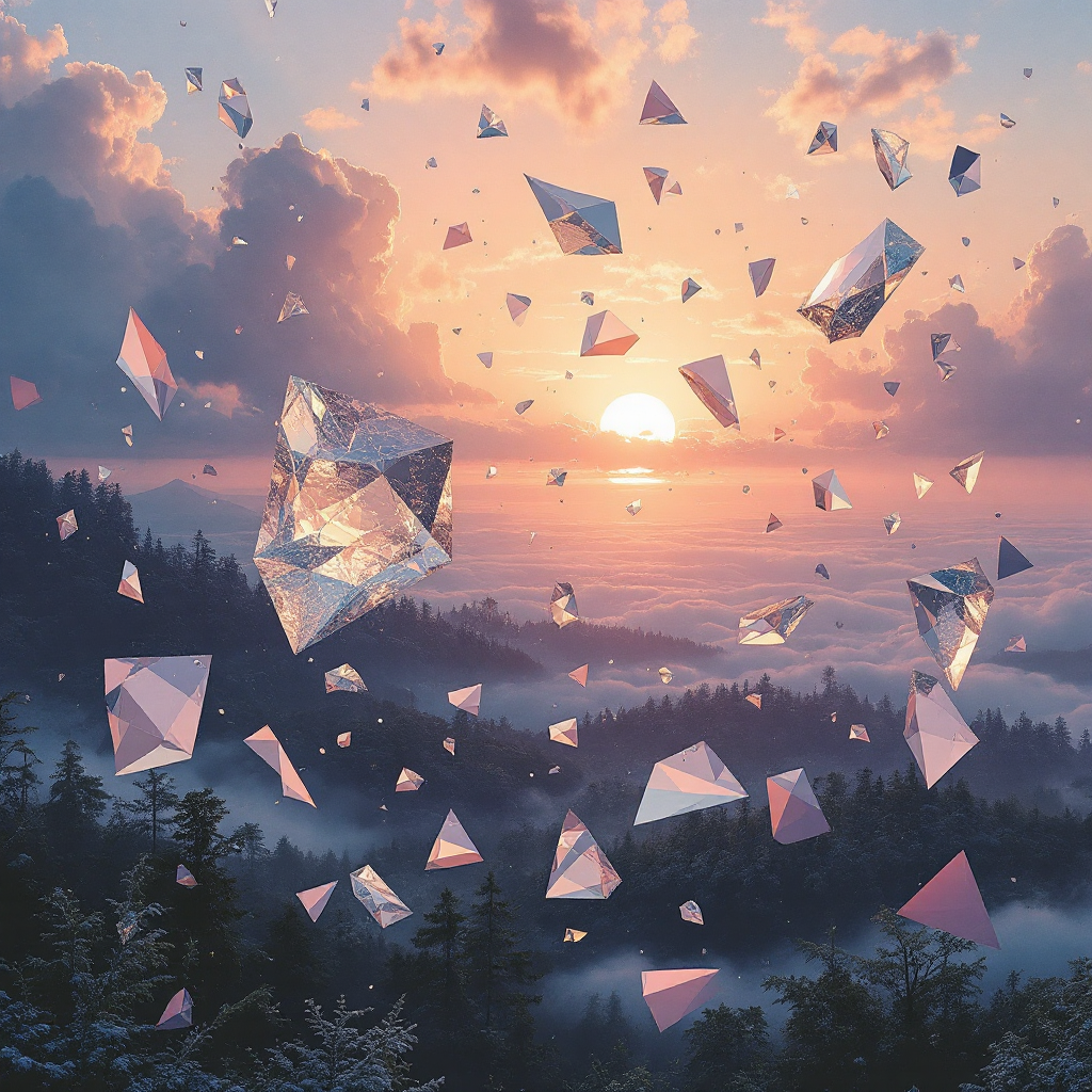 A breathtaking dawn illuminates the sky with soft hues, as floating crystalline shapes shimmer above a serene forest, embodying the essence of new beginnings.