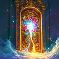 A brilliantly ornate door glows with vibrant colors, radiating light and energy, symbolizing imagination as the key to limitless possibilities amidst a cosmic backdrop.