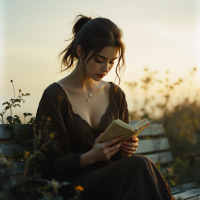 A woman sits on a rustic bench, reading a book as the sun sets. The scene captures a moment of contemplation and resilience, reflecting the theme of acceptance in the quote about not giving up.