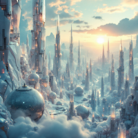 A stunning futuristic landscape, with towering spires and glimmering spheres, bathed in the warm light of a rising sun amidst fluffy clouds, embodying the essence of awakening.