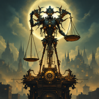 A towering, robotic figure holding scales of justice stands against a dramatic skyline, symbolizing the quote about justice as a perpetual will to render everyone their due.