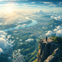 A lone figure stands atop a rocky cliff, gazing over a vast, sunlit landscape of mountains, rivers, and clouds, embodying the quote about learning to live in the expansive earth.