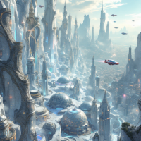 A sprawling, futuristic cityscape with towering structures and domes, set against a serene sky. Flying vehicles traverse the layered, intricate architecture, reflecting complexity and harmony.