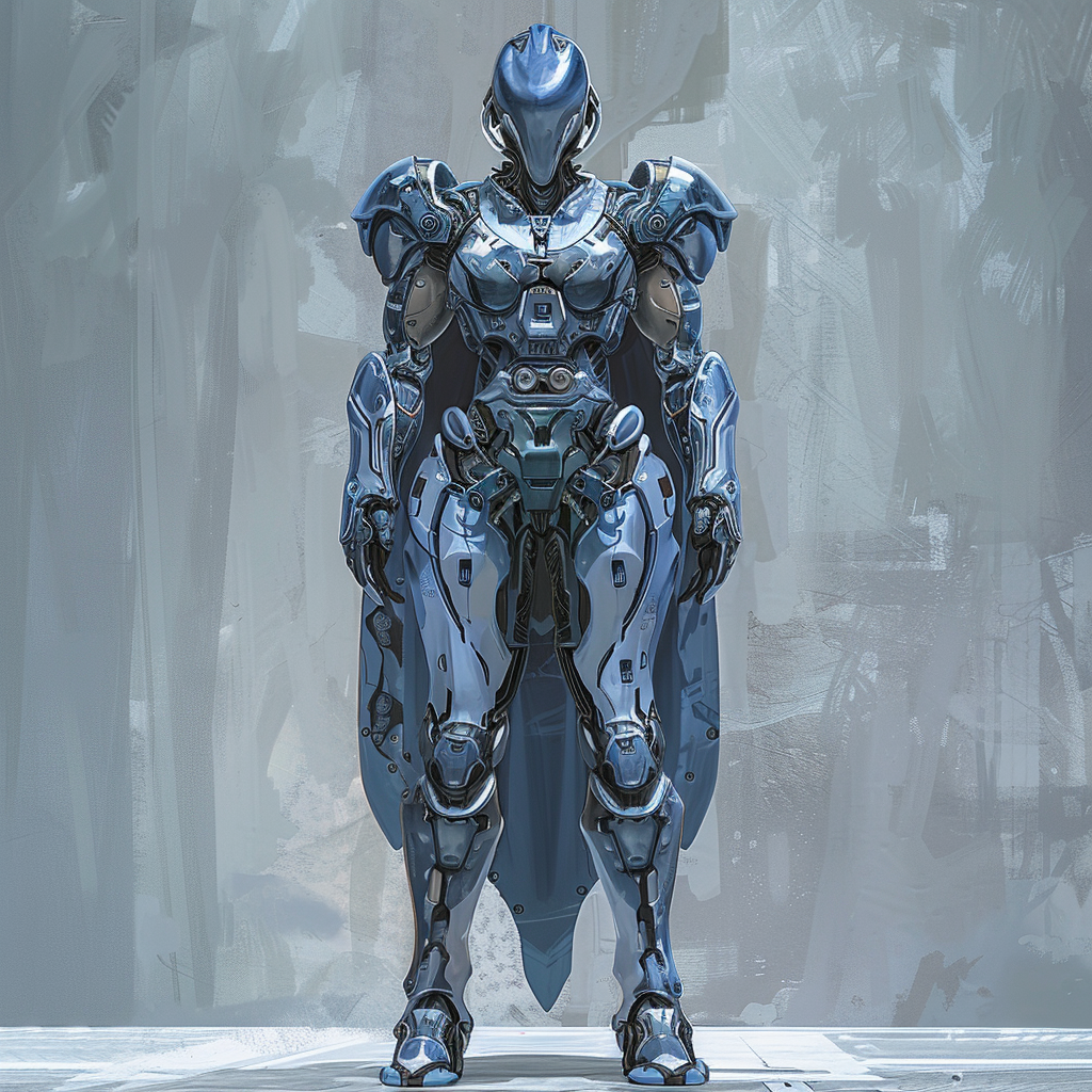 A figure stands in grey-blue metal and armour-plastic plate, representing the elite soldiers of the Parthenon Integrate, with a confident and imposing stance against a muted, industrial background.