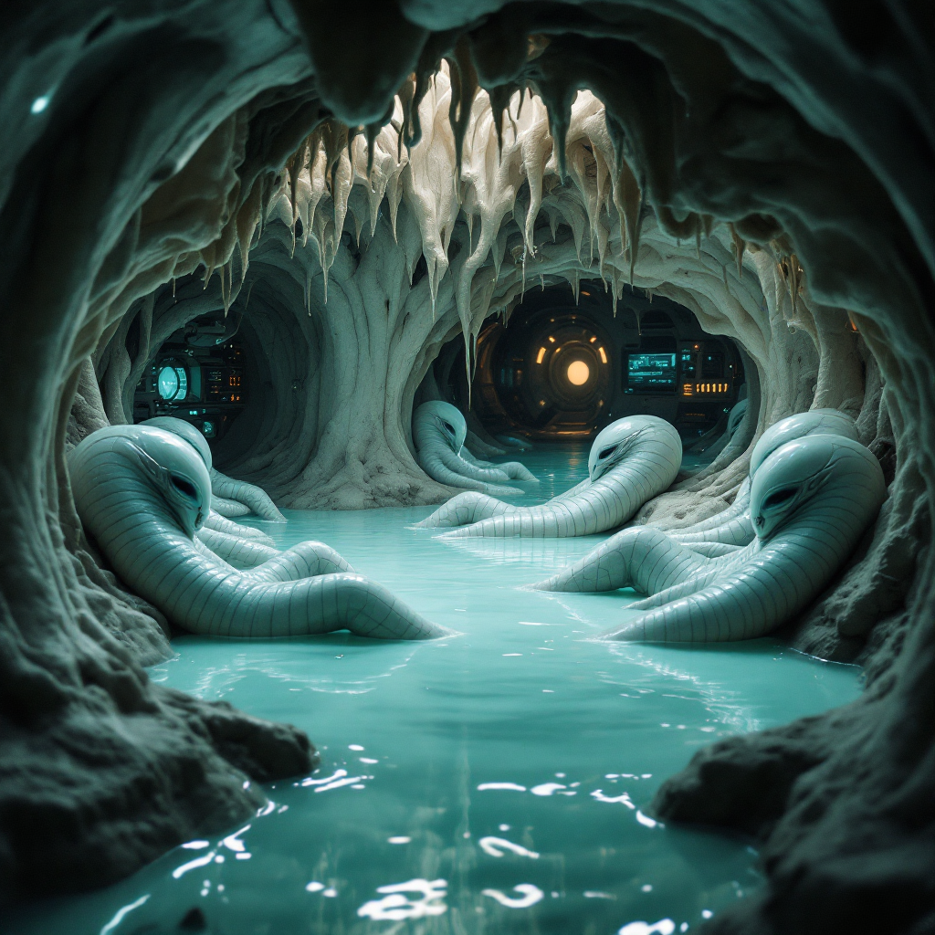 A futuristic bridge resembling a tube, inclined and half-submerged in milky liquid, features worm-shaped aliens lounging on a slope, focused on their instrumentation.