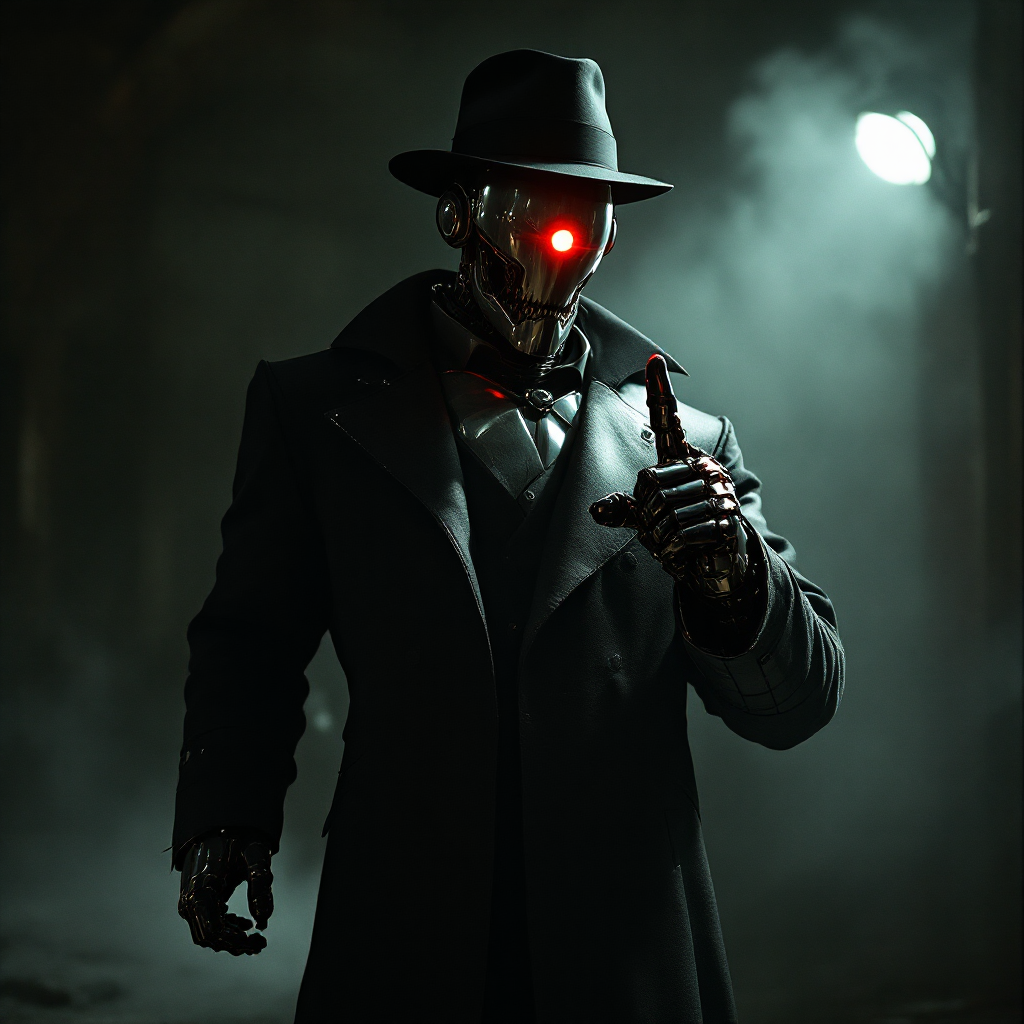 A robotic figure in a black coat and hat stands in a dimly lit setting, with a red glowing eye and a finger raised as if issuing a command, evoking a sense of authority and foreboding.