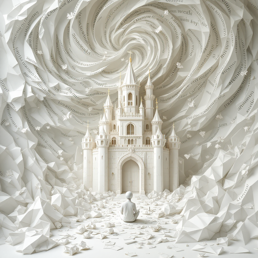 A serene figure sits before an intricately crafted white castle, surrounded by swirling, layered paper representing the power of communication to shape reality.