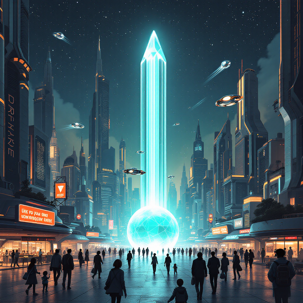 A futuristic cityscape with towering skyscrapers and a glowing crystalline structure at its center. People gather below, surrounded by a starry sky and flying vehicles, reflecting on uncertainty.