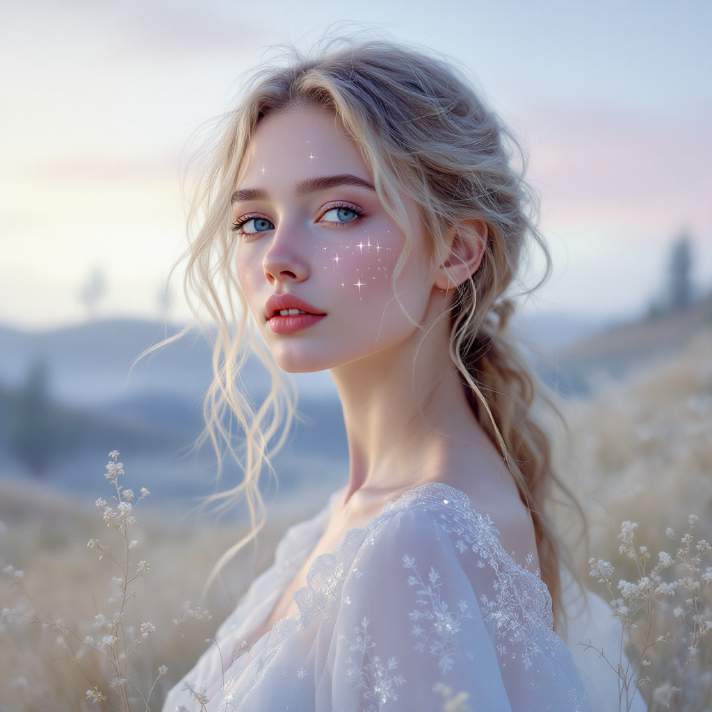 A young woman with flowing blonde hair stands in a serene landscape, embodying resilience and beauty, adorned with delicate floral patterns that evoke strength beyond scars and pain.