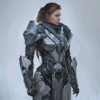 A woman wearing grey-blue metal and armor-plastic plate armor stands confidently, embodying the elite soldiers of the Parthenon.