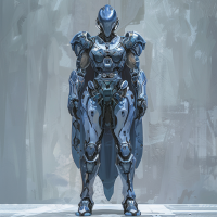A figure stands in grey-blue metal and armour-plastic plate, representing the elite soldiers of the Parthenon Integrate, with a confident and imposing stance against a muted, industrial background.