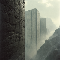 A vast, sheer wall looms in misty surroundings, its towering cliffs disappearing into the fog, embodying the awe and intimidation described in the quote about imagination.